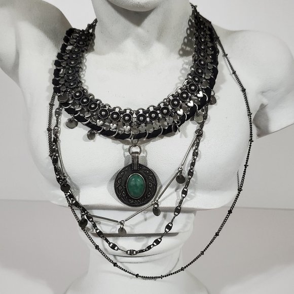 Layered Silver, Jade and Black Suede Choker Necklace - Picture 1 of 7